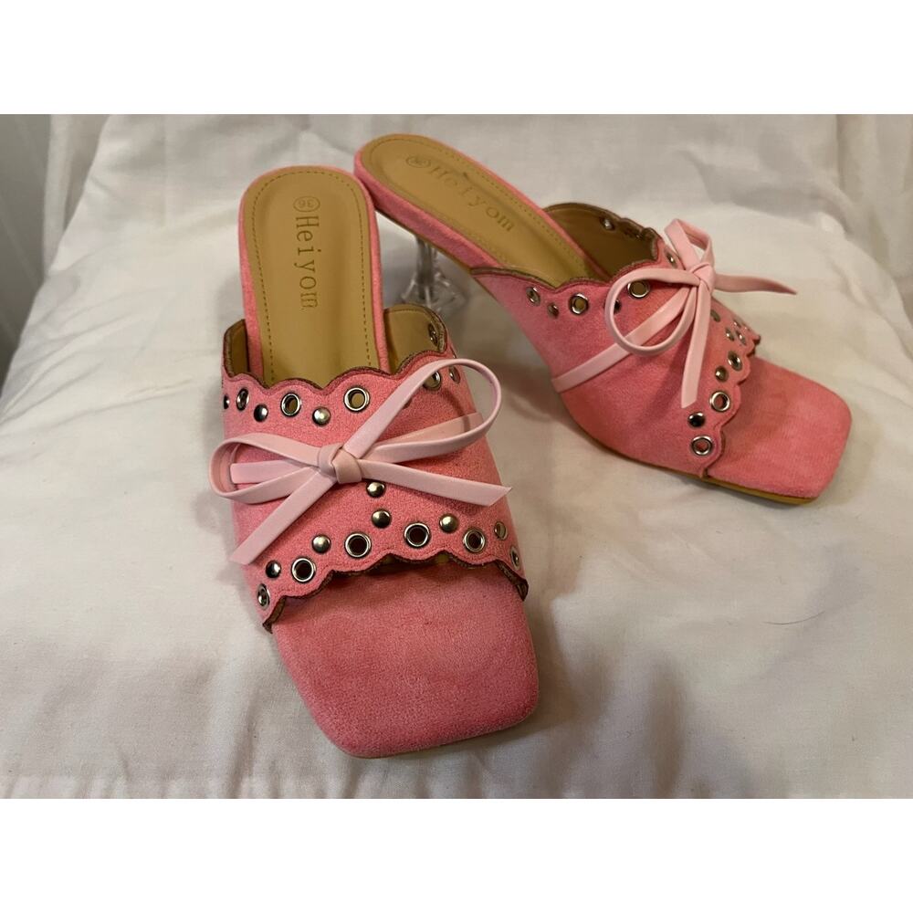 Heiyom Pink Bow Mule Heels EU36/US6 Square Toe Clear Lucite Heel Like New No Box